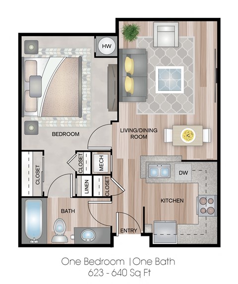 Floor plan for 1 bed, 1 bath, 623 sqft